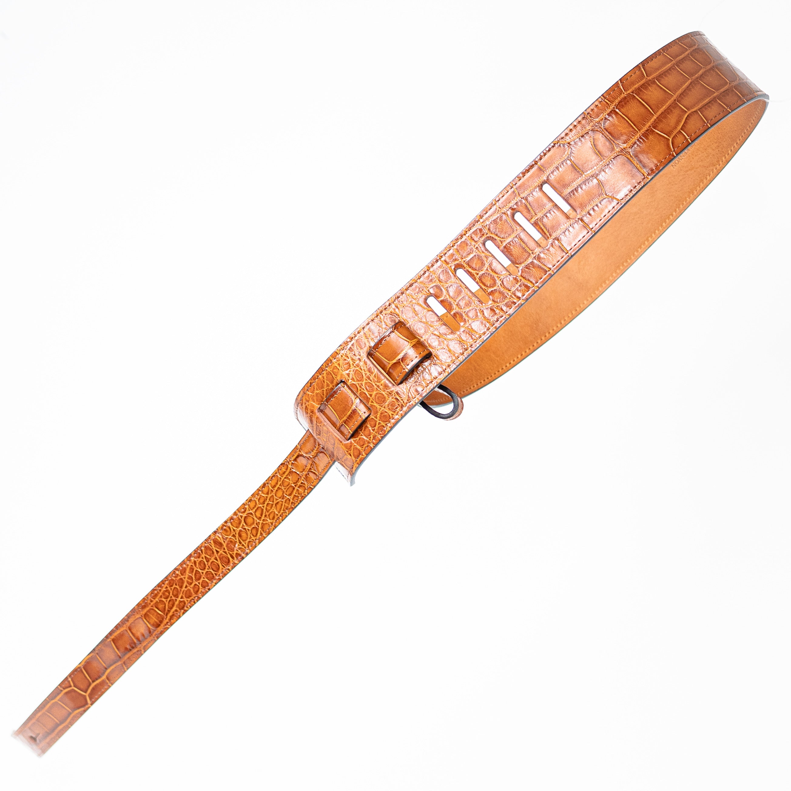 Laurence Kenyon Company Wide Guitar Strap, Whiskey, North American Alligator