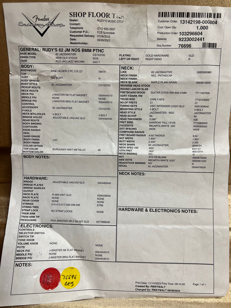 Fender Custom Shop "Rudy's 1962 Jazzmaster NOS" in Burgundy Mist Metallic