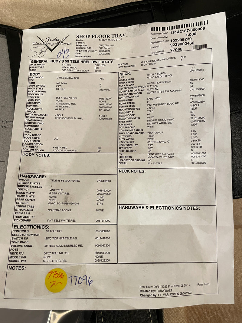 Fender Custom Shop 1959 Tele Fiesta Red Over Sunburst