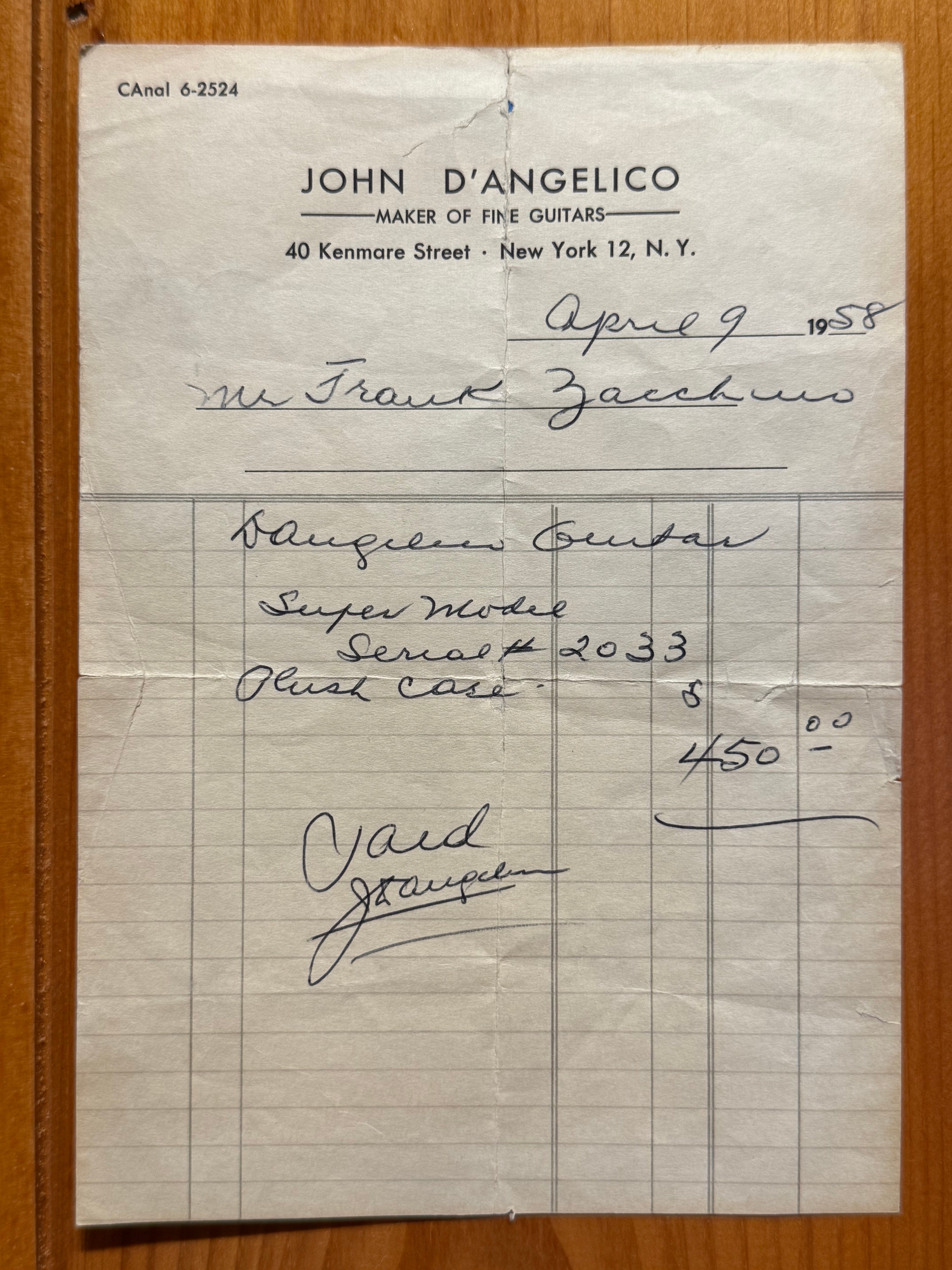 D'Angelico 1957 "Super Model" Sunburst #2033