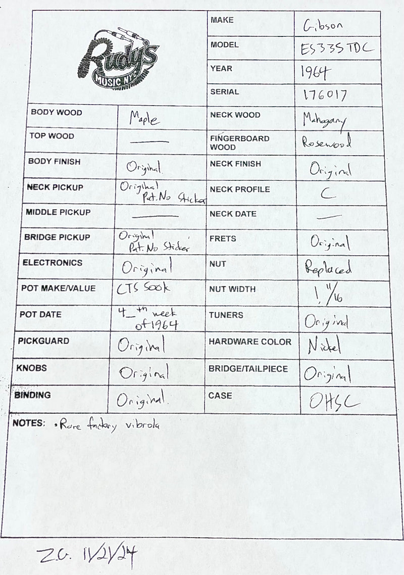 Gibson 1964 ES-335 TDC Sunburst w/Factory Vibrola