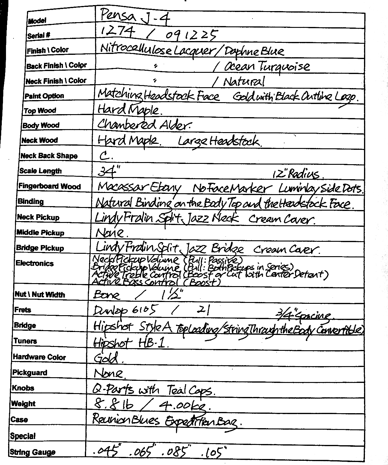 Pensa J-4 Bass, Daphne Blue #1274