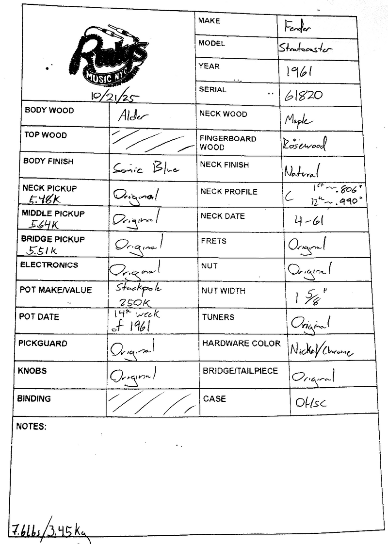 Fender 1961 Strat, Sonic Blue