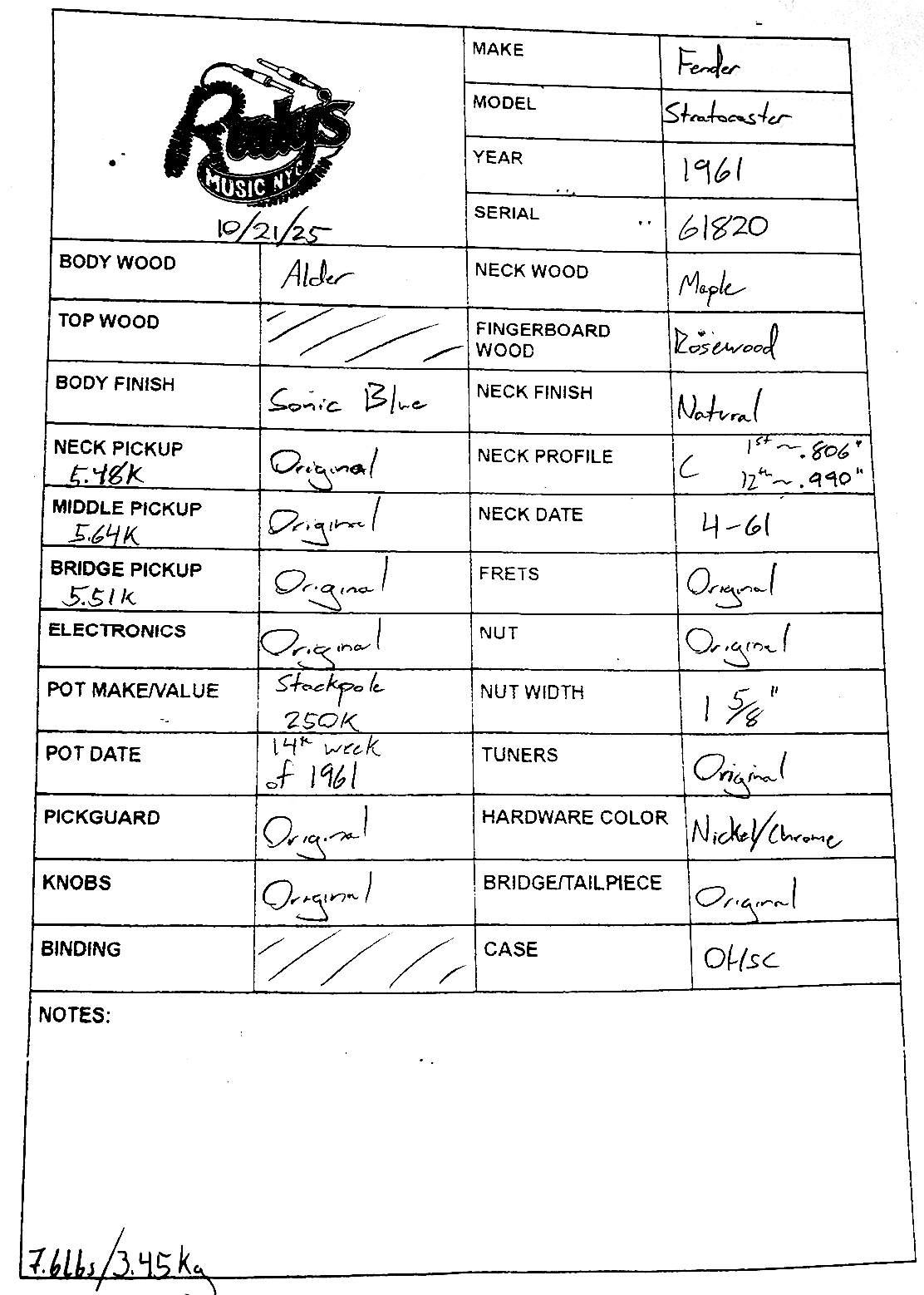 Fender 1961 Strat, Sonic Blue