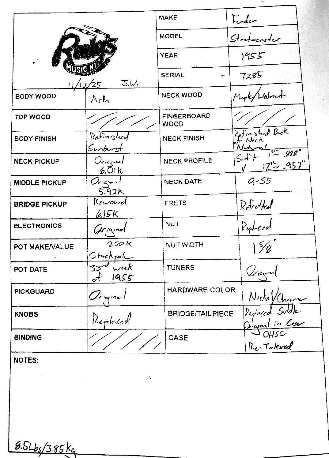 Fender 1955 Stratocaster, Refin Sunburst