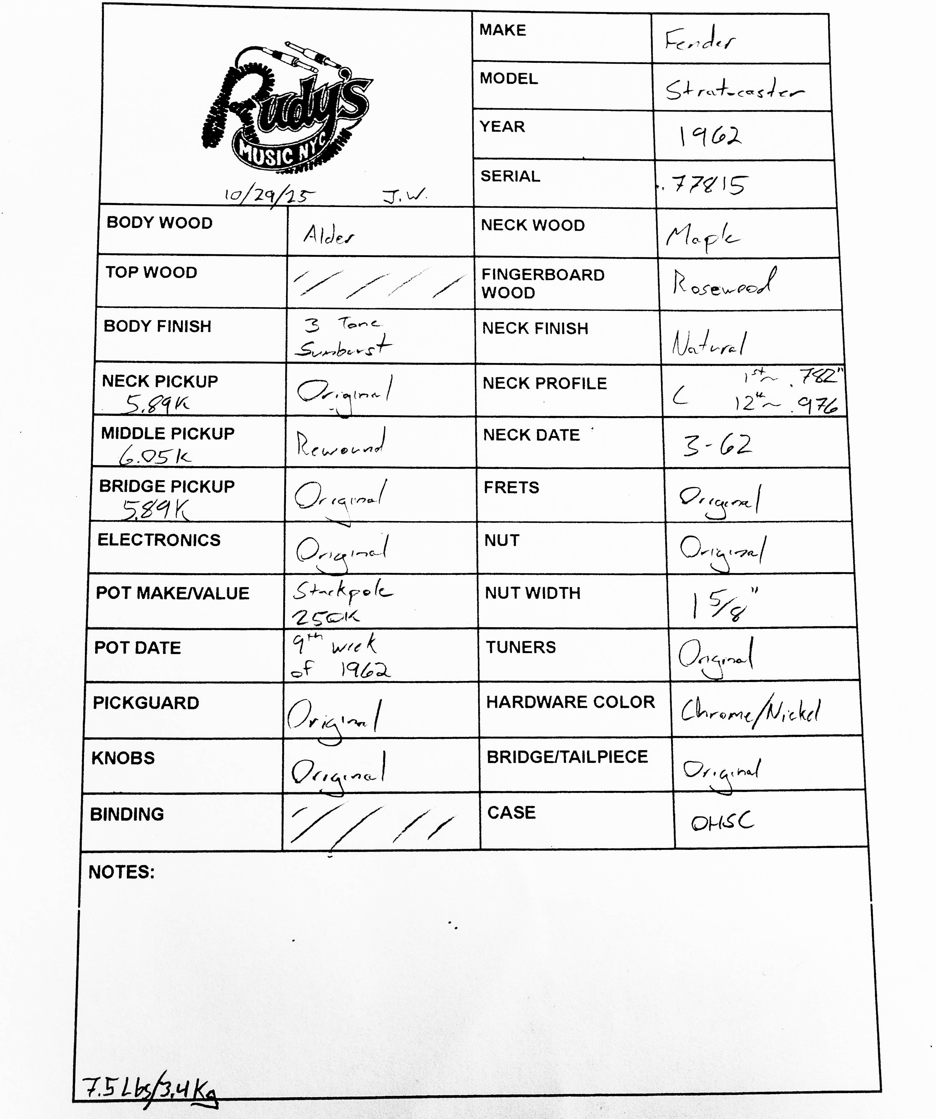 Fender 1962 Stratocaster, Sunburst