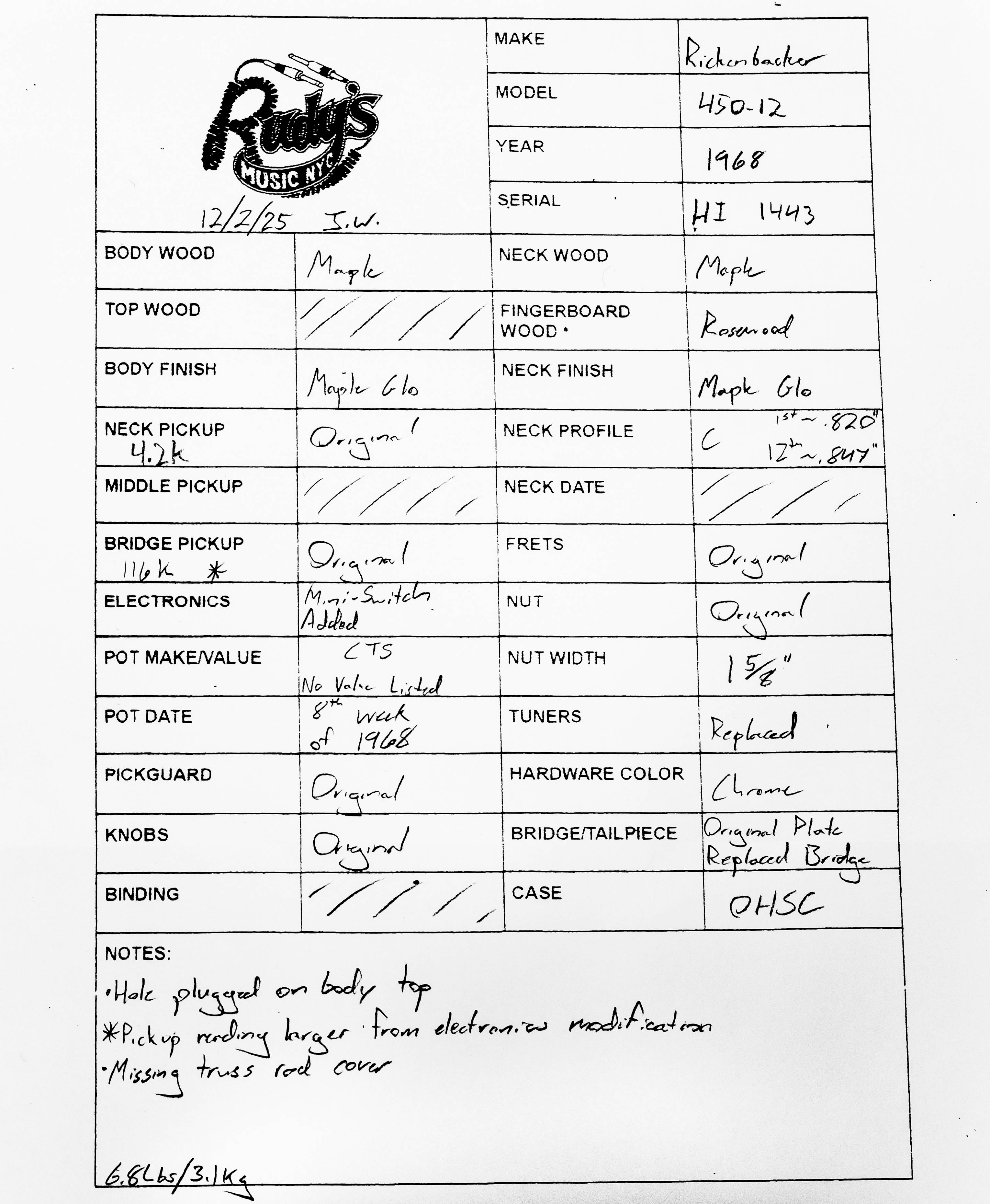 Rickenbacker 1968 450/12, Maple Glo