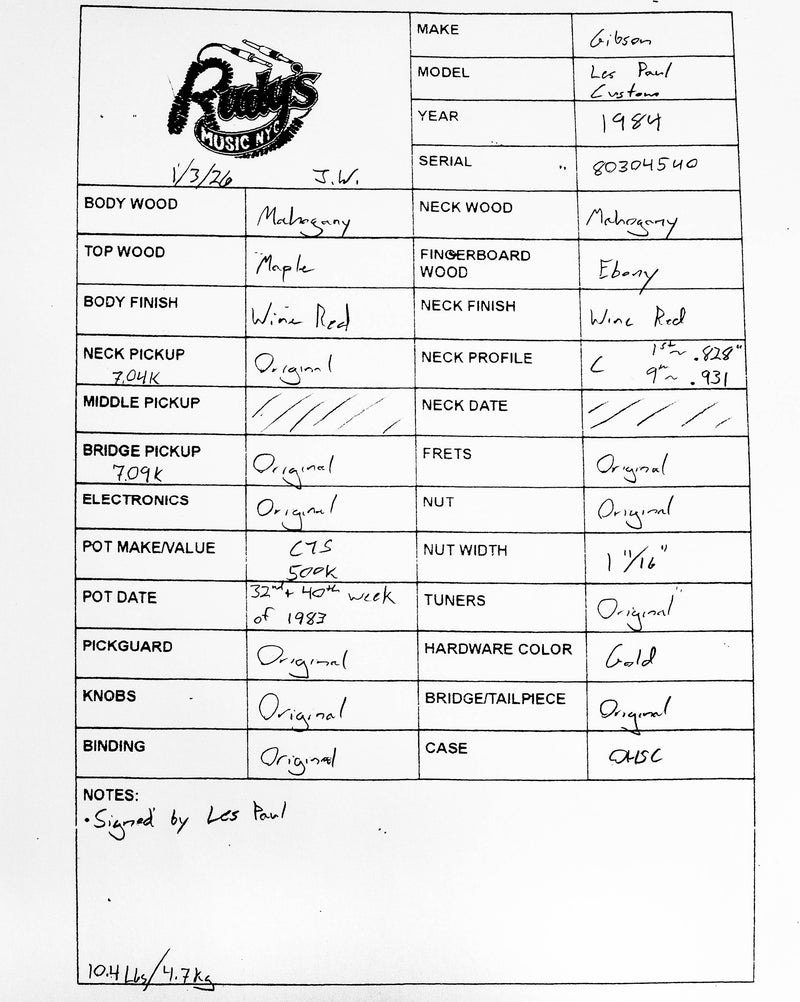 Gibson 1984 Les Paul Custom, Wine Red, Signed by Les Paul