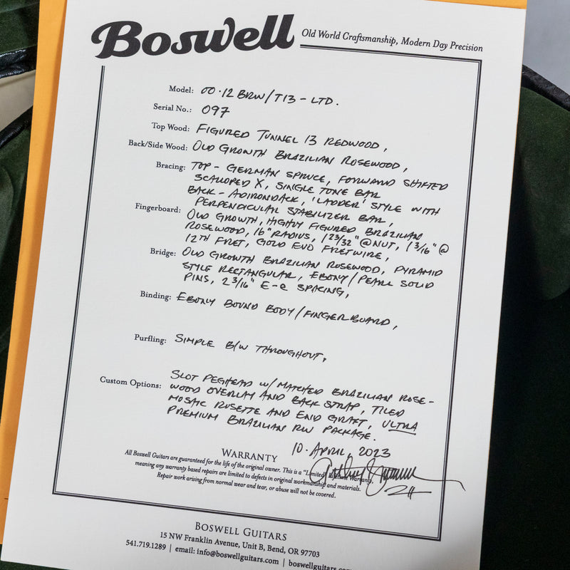 Boswell 00-12B Brazilian Rosewood, Figured Tunnel 13 Redwood Top