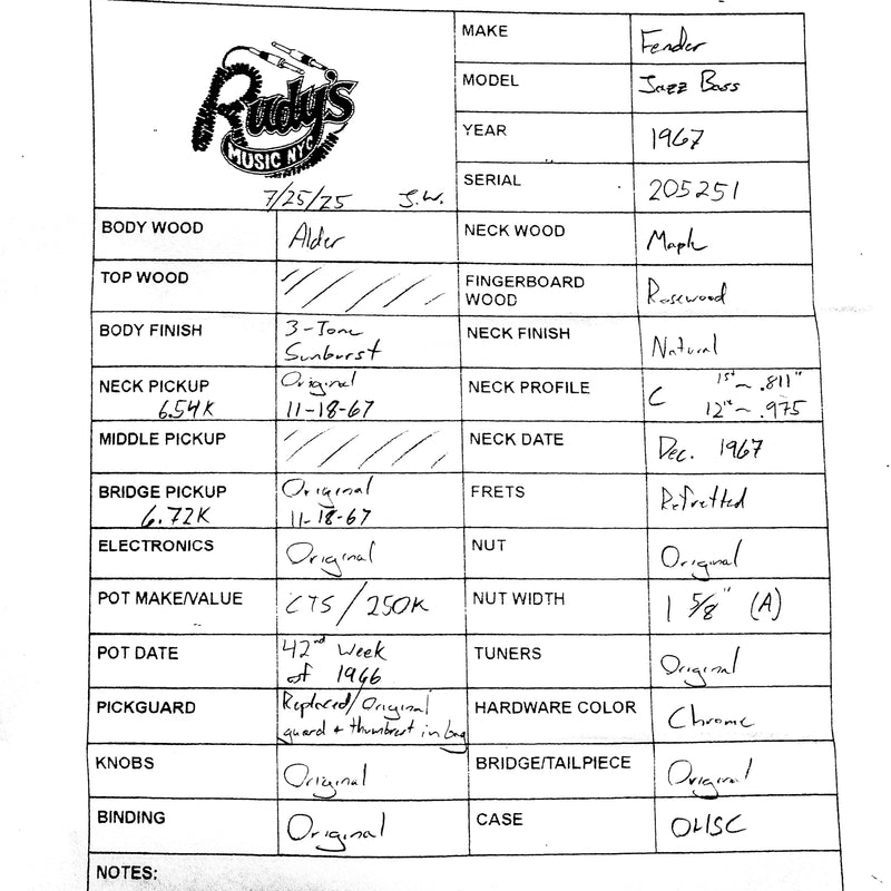 Fender 1967 Jazz Bass, 3-Tone Sunburst