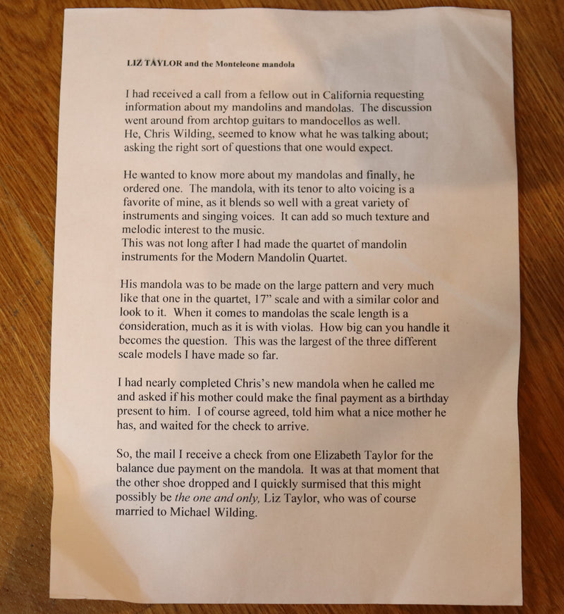 Monteleone 1992 Mandola Round Sound Hole, made for Elizabeth Taylor #159