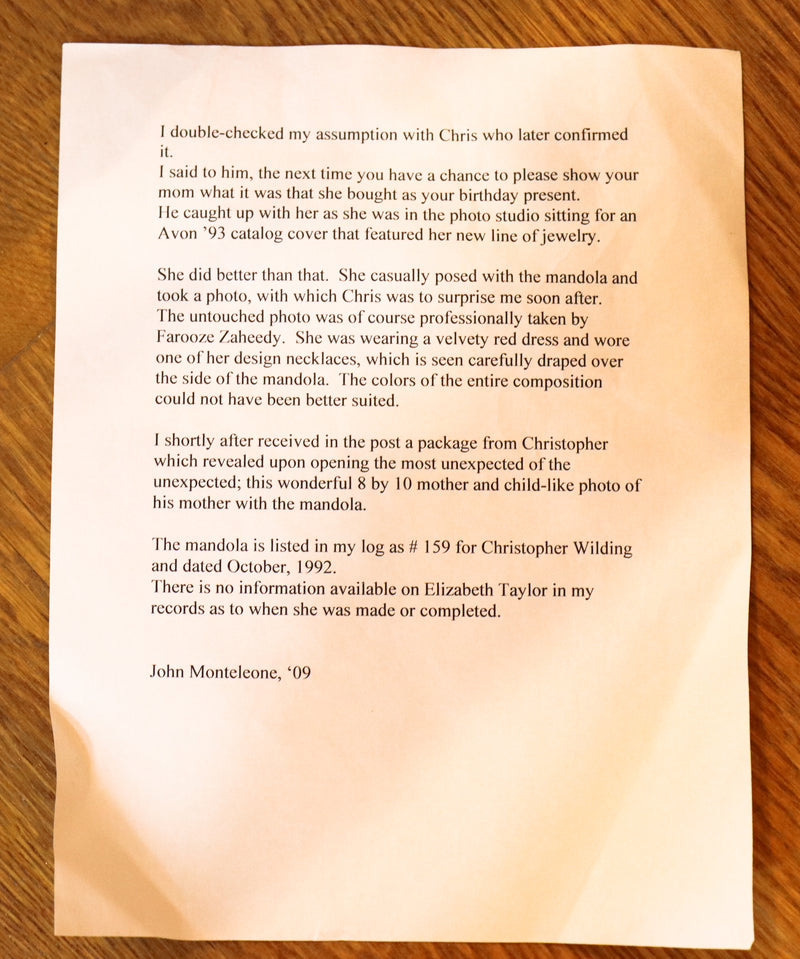 Monteleone 1992 Mandola Round Sound Hole, made for Elizabeth Taylor #159