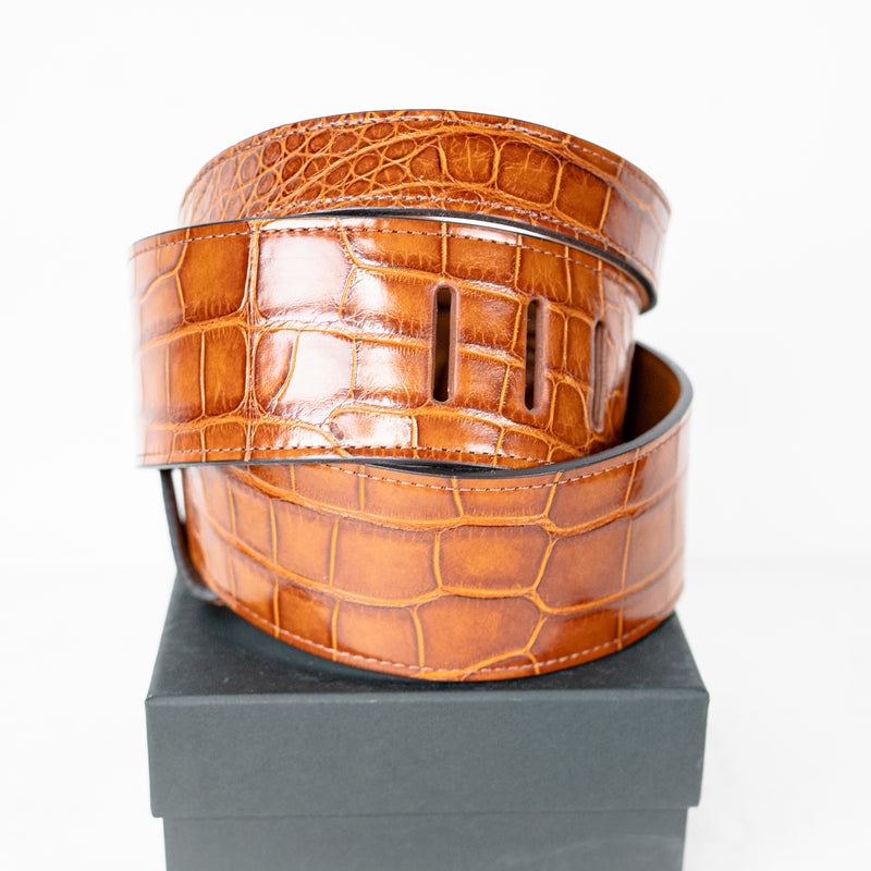 Laurence Kenyon Company Wide Guitar Strap, Whiskey, North American Alligator